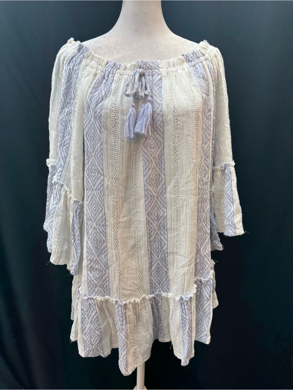 Surf Gypsy Cream and Light Blue Striped Off-Shoulder Swim Coverup S